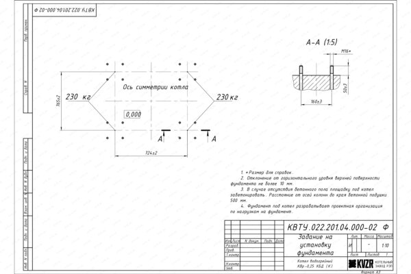 Фундамент котла 0.23 МВт уголь дрова чертеж